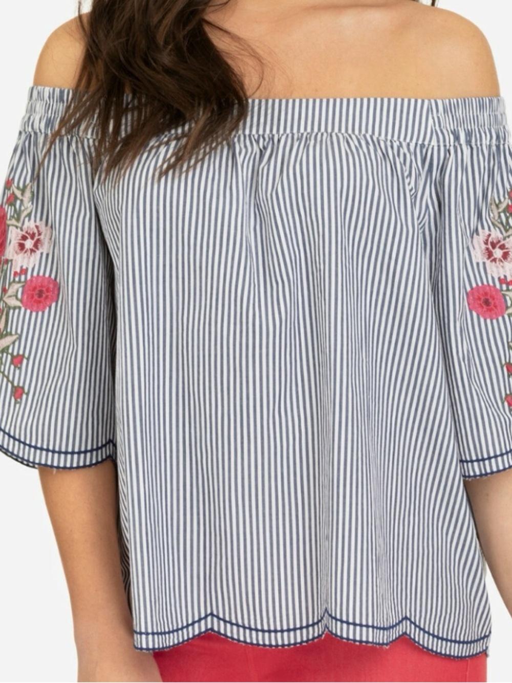 Tribal Jeans Striped Off-Shoulder Top with Floral Embroidery